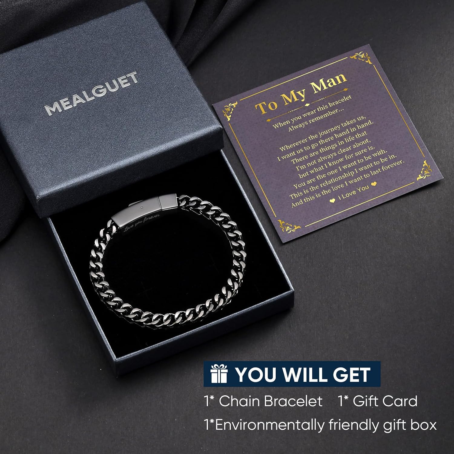 Black Chain Bracelets for Men : Stainless Steel Franco Chains Love you Forever Engraved Link Men's Bracelet to Son