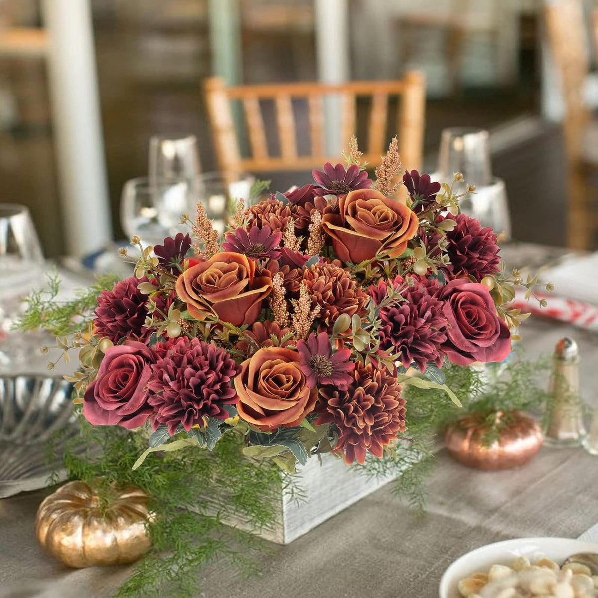 2 Pcs Artificial Fall Flowers, Fake Silk Fall Flowers, Orange+Red