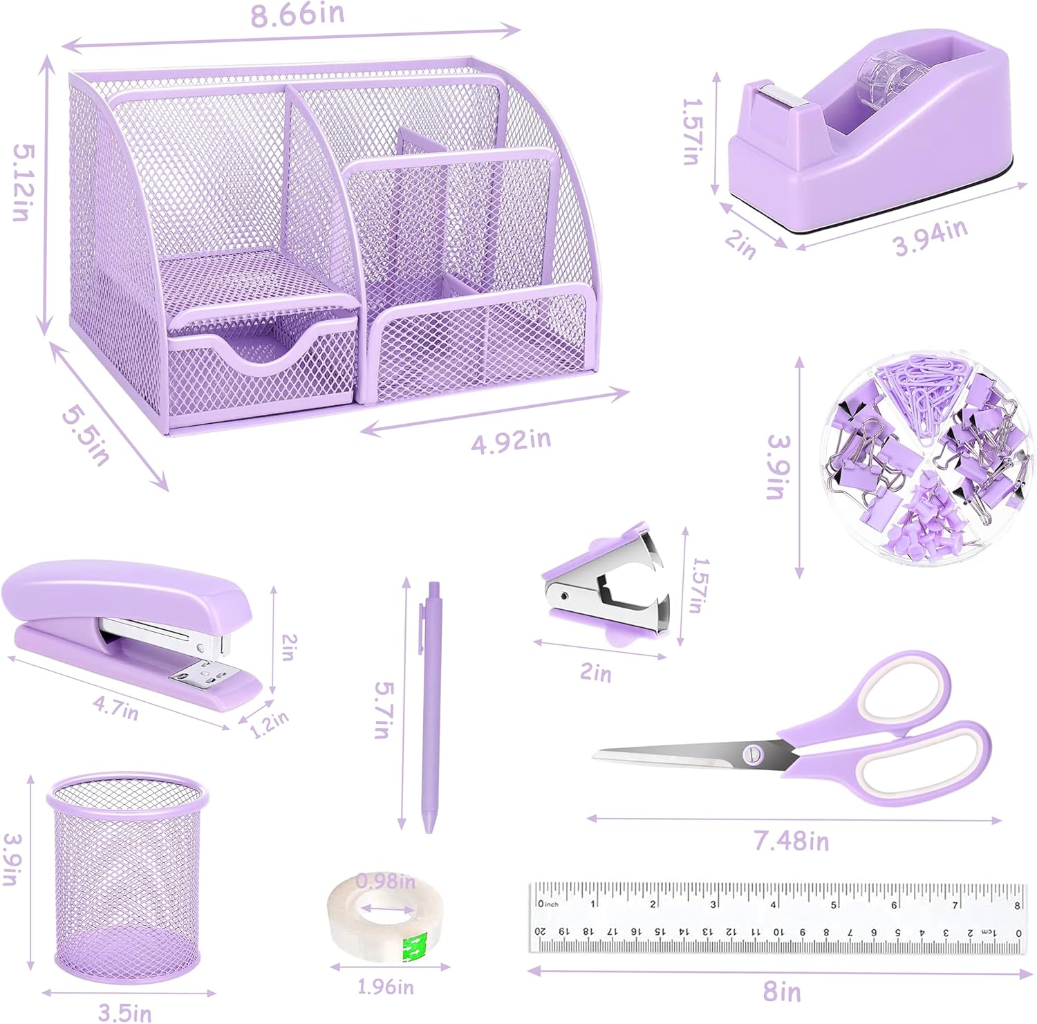 Purple Office Desk Accessories Supplies, 12pcs Desk Organizers and Accessories with Tape dispenser and