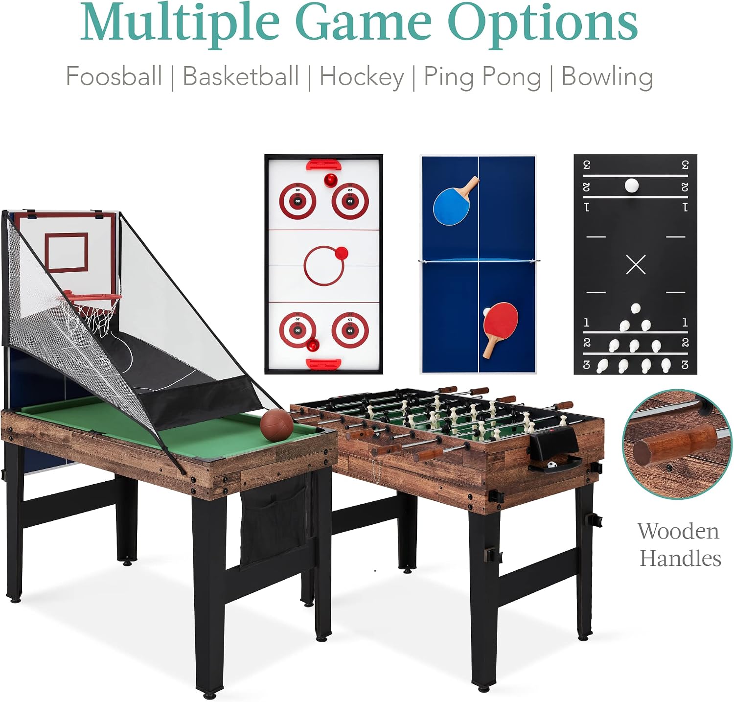 Combo Game Table Set for Home, Game Room, Friends & Family w/Ping Pong, Foosball, Basketball, Air Hockey, Archery