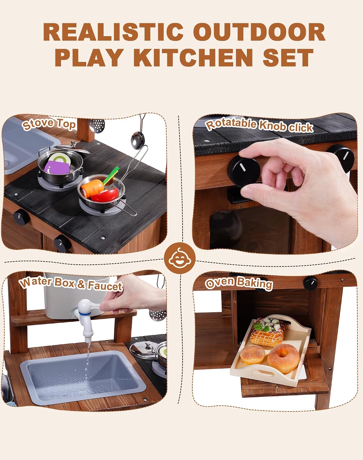 Mud Kitchen for Kids Outdoor with Wheels, Fun Wooden Kid Kitchen Playset for Backyard Pretend Cooking, Outdoor Sink &