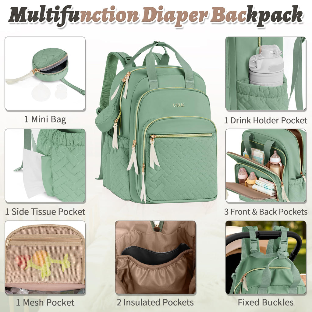Diaper Bag Backpack with Changing Pad for Mom & Dad,Large,Green
