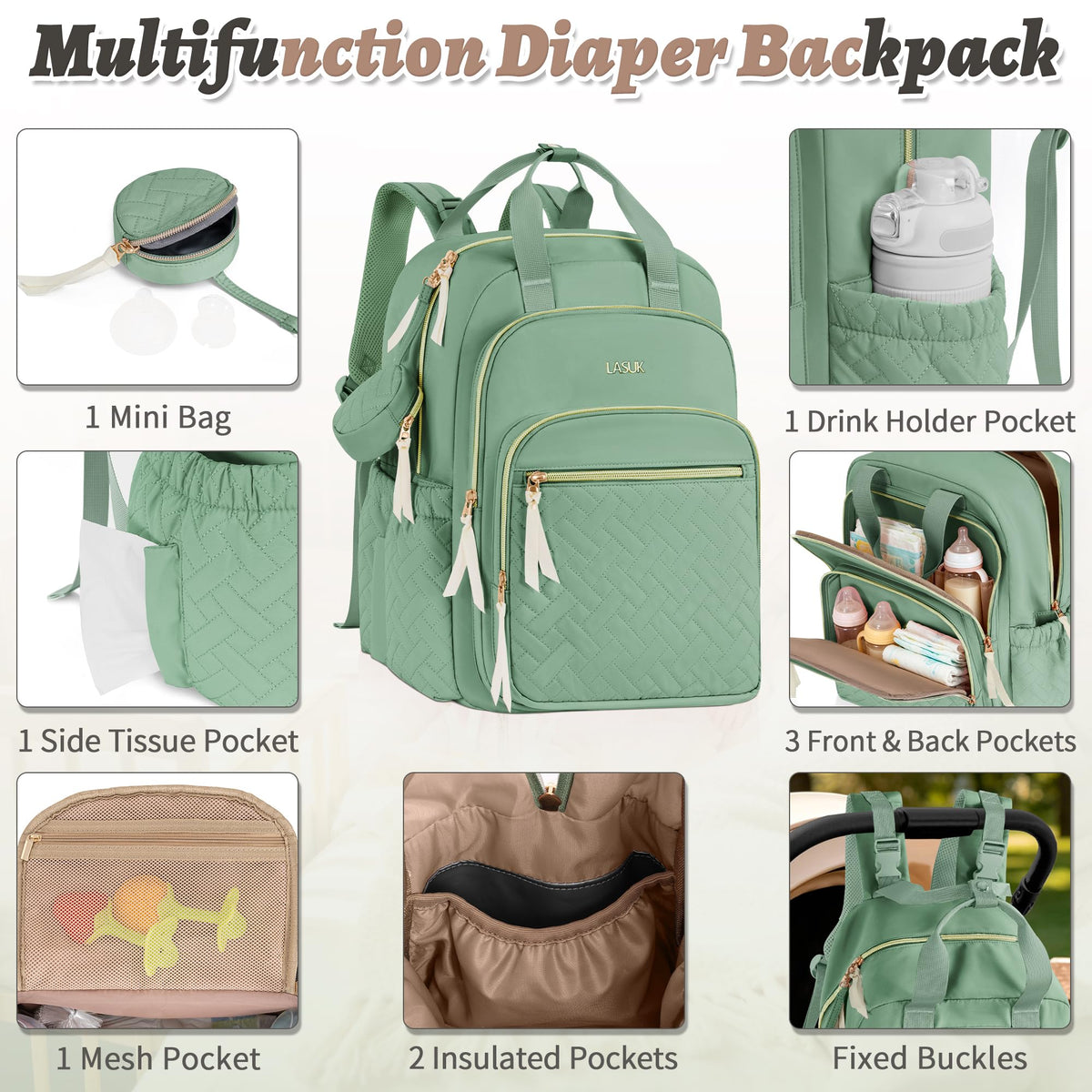 Diaper Bag Backpack with Changing Pad for Mom & Dad,Large,Green