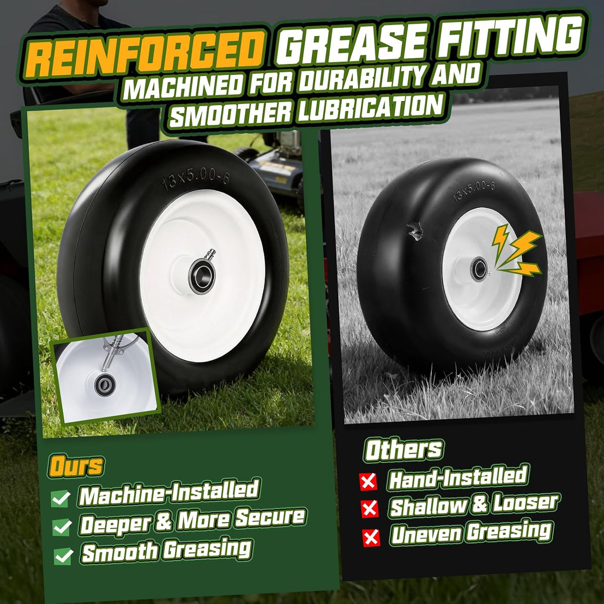 13x5.00-6 Flat Free Lawn Mower Tire and Wheel with 3/4" bearing bore, with 5/8" bearing sleeves, for Zero Turn Mower