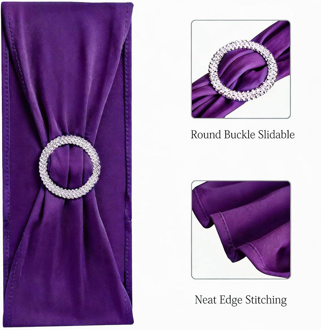 Spandex Purple Chair Sashes 100 Pack Wedding Chair Bows Bands with Buckles