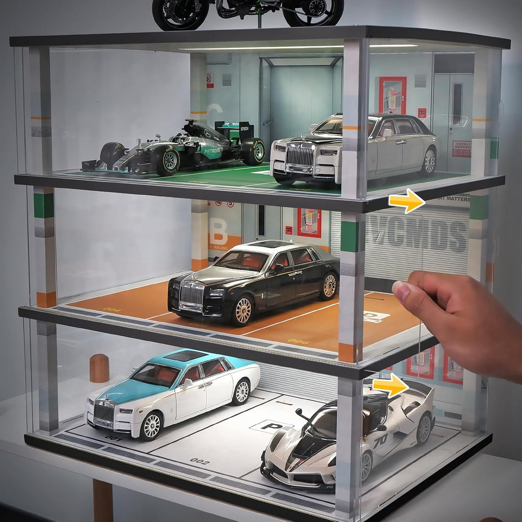 Model Car Display Case 1:18 Scale Diecast Diorama Garage with Lights for Lego Alloy Car Collectibles Wood Storage