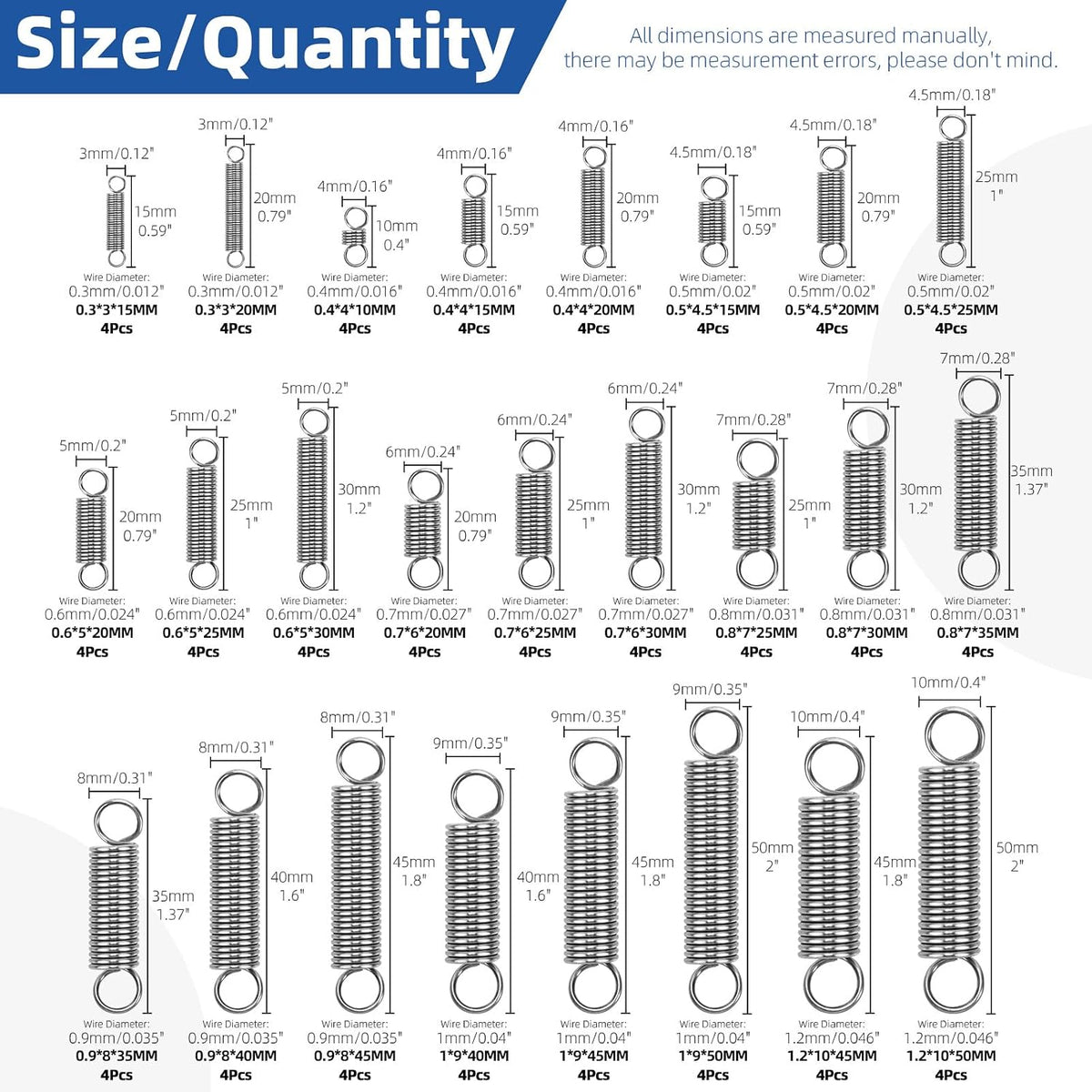 100pcs Stainless Steel Extension Springs with Double Hook Sets 25 Sizes Small Spring Tension Spring Wire Assortment
