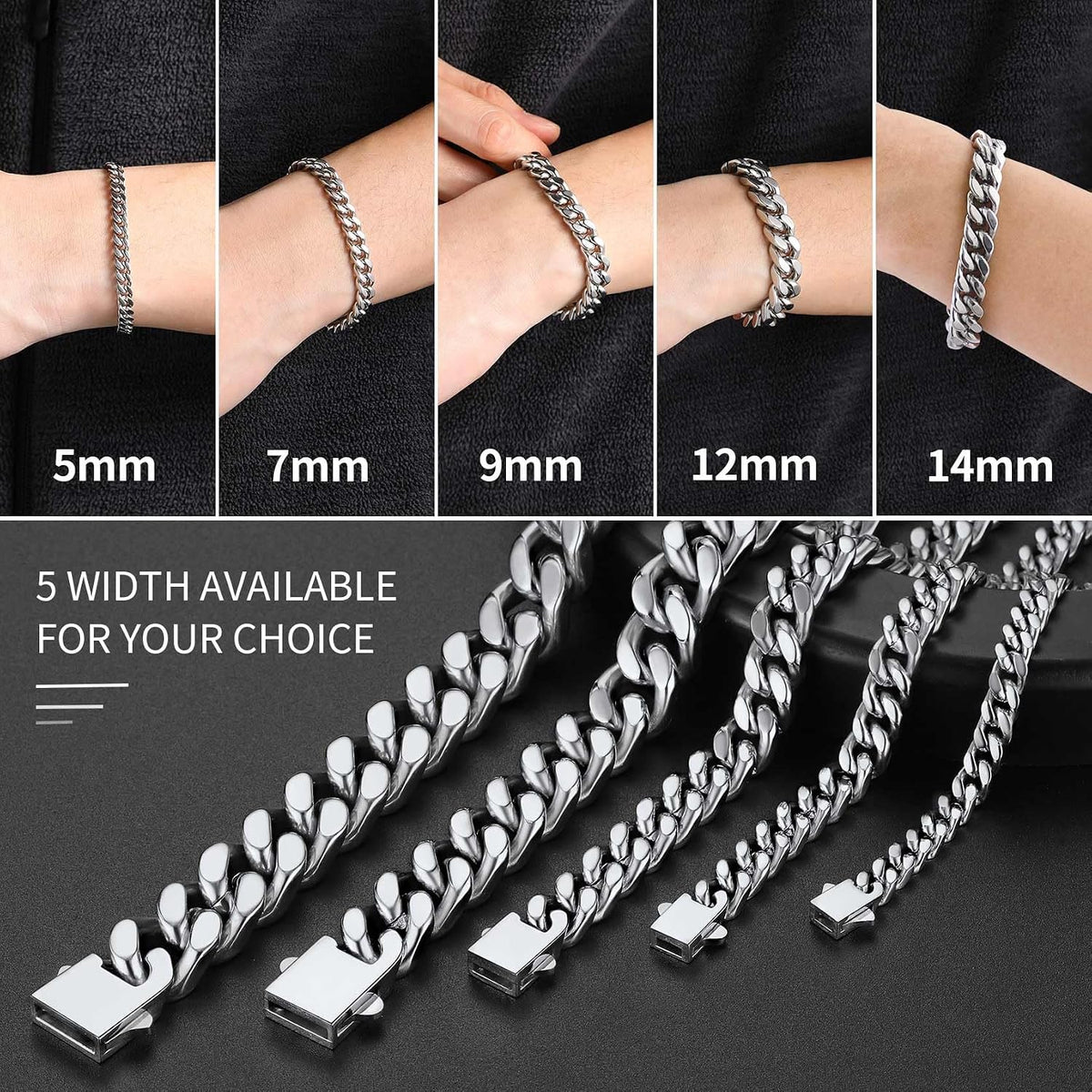 Stainless Steel Cuban Link Bracelet for Men, 5mm/7mm/9mm/12mm Width, 7.5"/8.3"/9" Length, Black/18K Gold Plated Chain