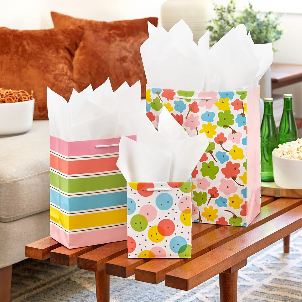 Gift Bags, 8-Pack, 3 Sizes (Polka Dots, Rainbow Stripes, Flowers)