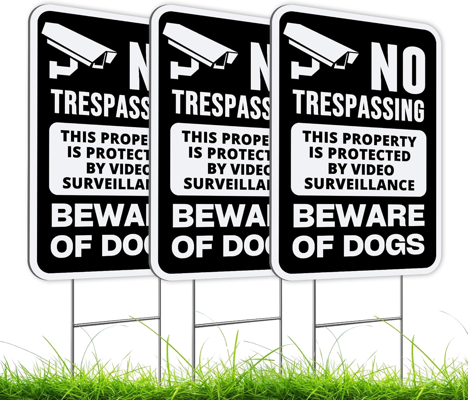Set of 3 Double Sided 12x8 Inches Beware of Dog Plastic Sign with Metal Stakes - No Trespassing This Property Is