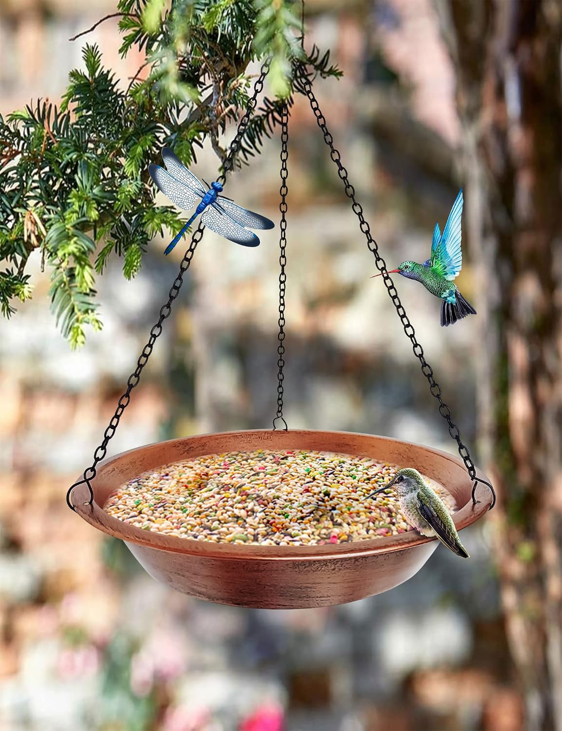 Hanging Bird Bath & Feeder, 11.5 Inch Antique Copper Metal Birdbath Bowl
