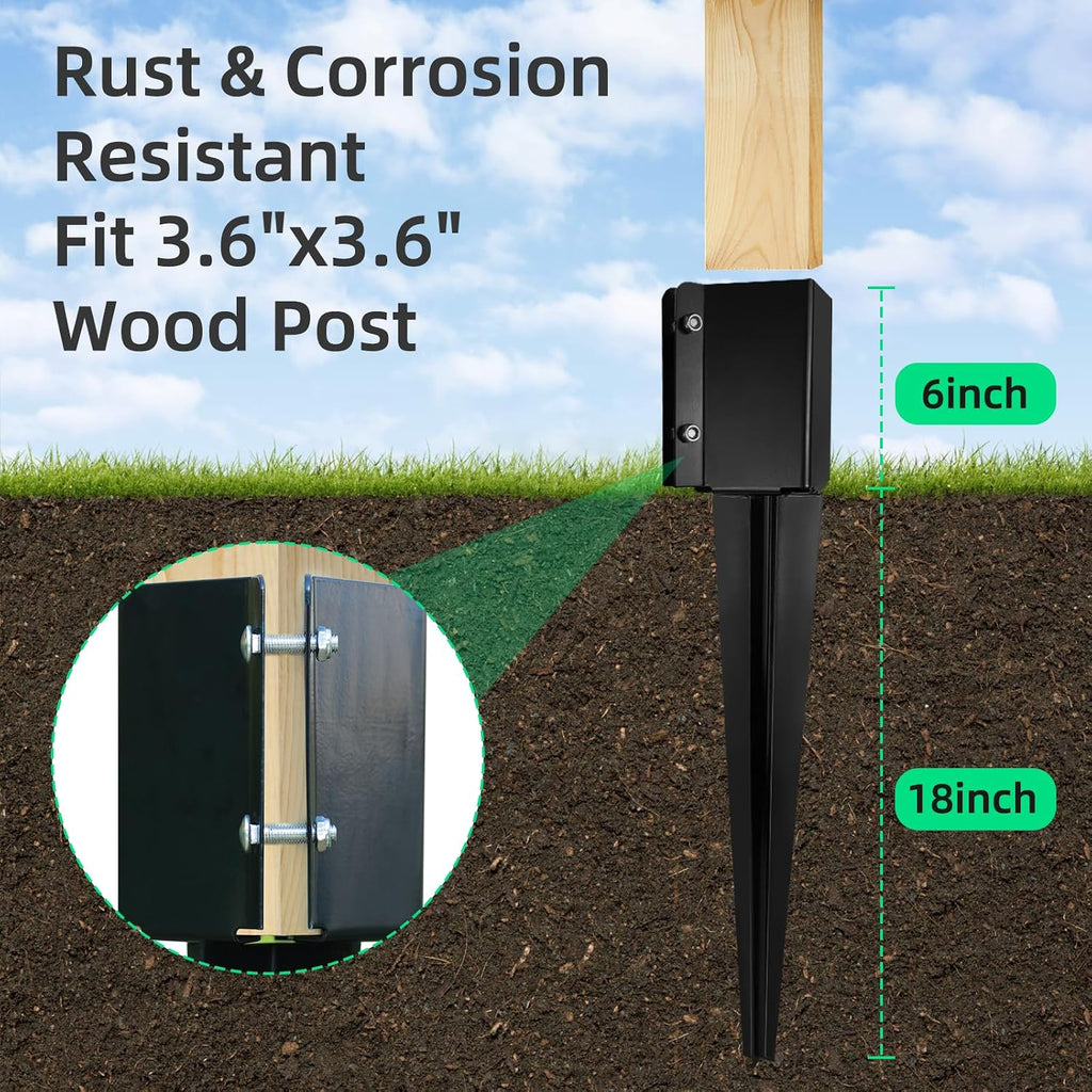 Fence Post Anchor Ground Spike Heavy Duty Black Powder Coated Fence Stakes Post Base for Mailbox, 24 x 4 x 4 Inches