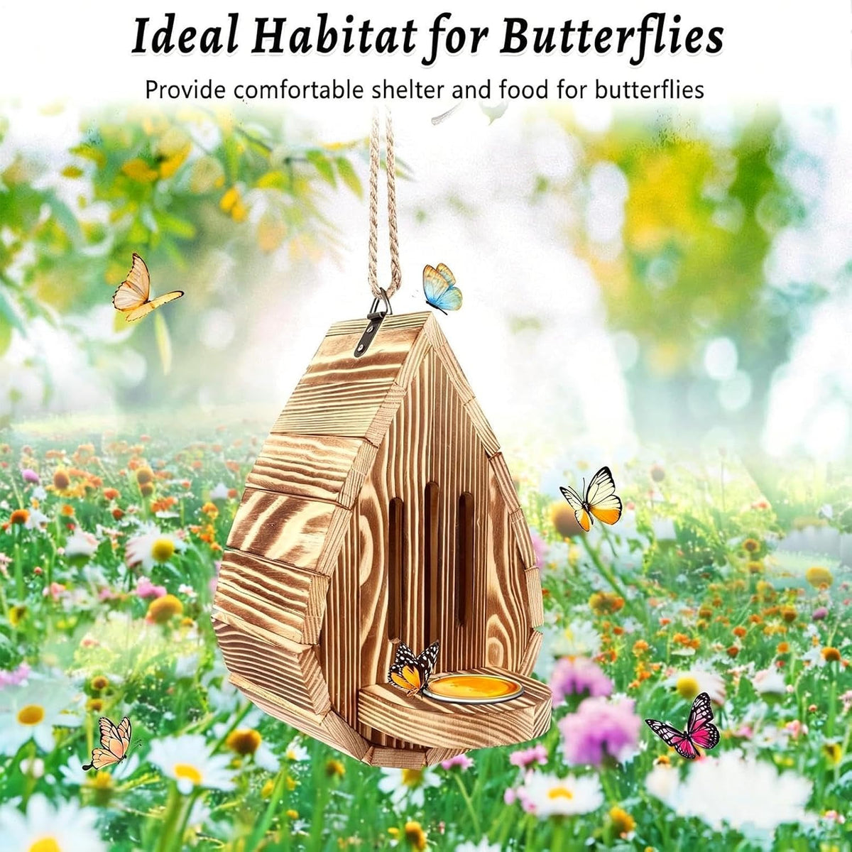 Water Droplets Shaped Wooden Butterfly House, Wooden Hanging Butterfly Habitat & Feeder with Rope & Puddler, Hanging
