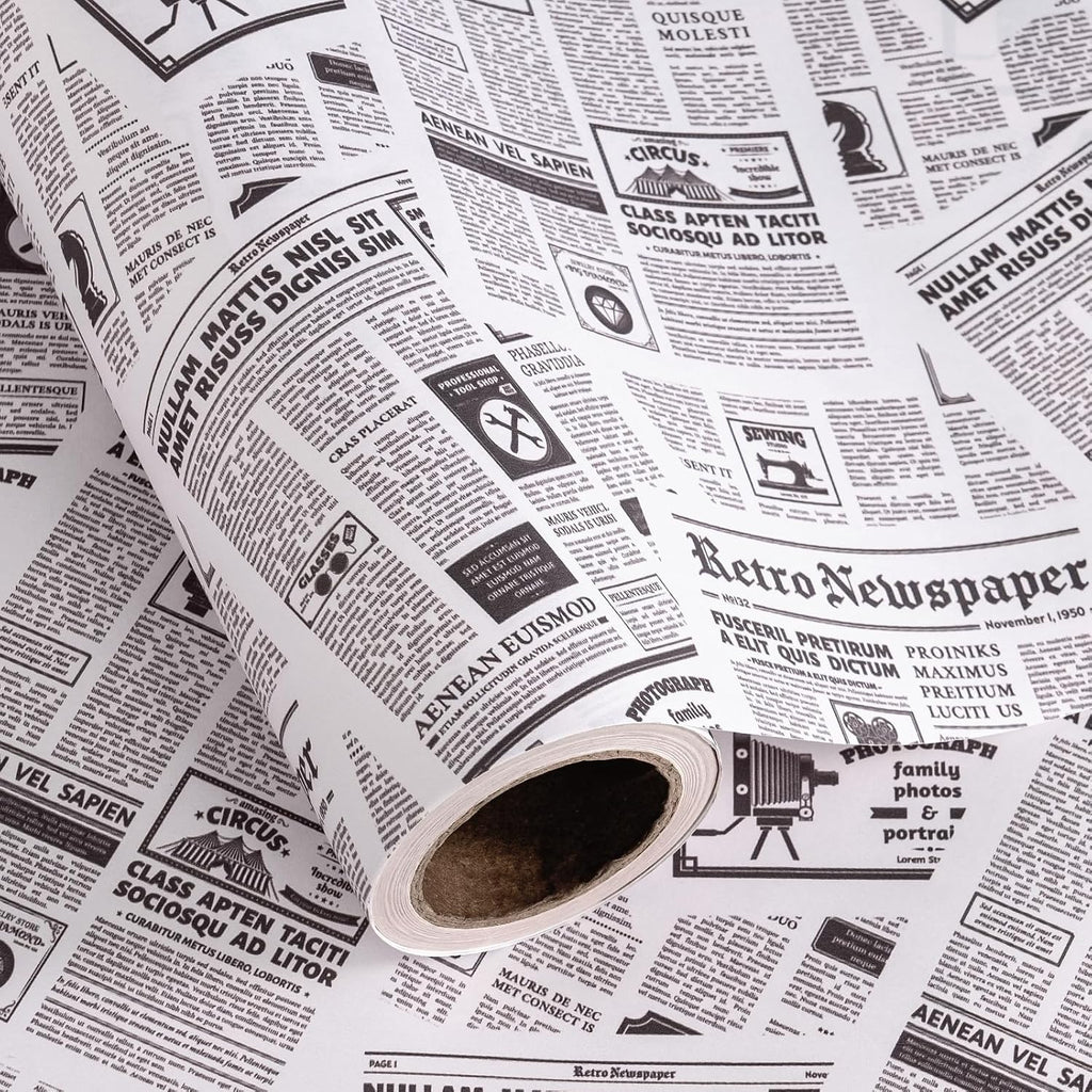 Kraft Retro Newspaper Wrapping Paper Roll - Mini Roll - 17 Inch x 16.5 Feet - Vintage Black and White Newspaper