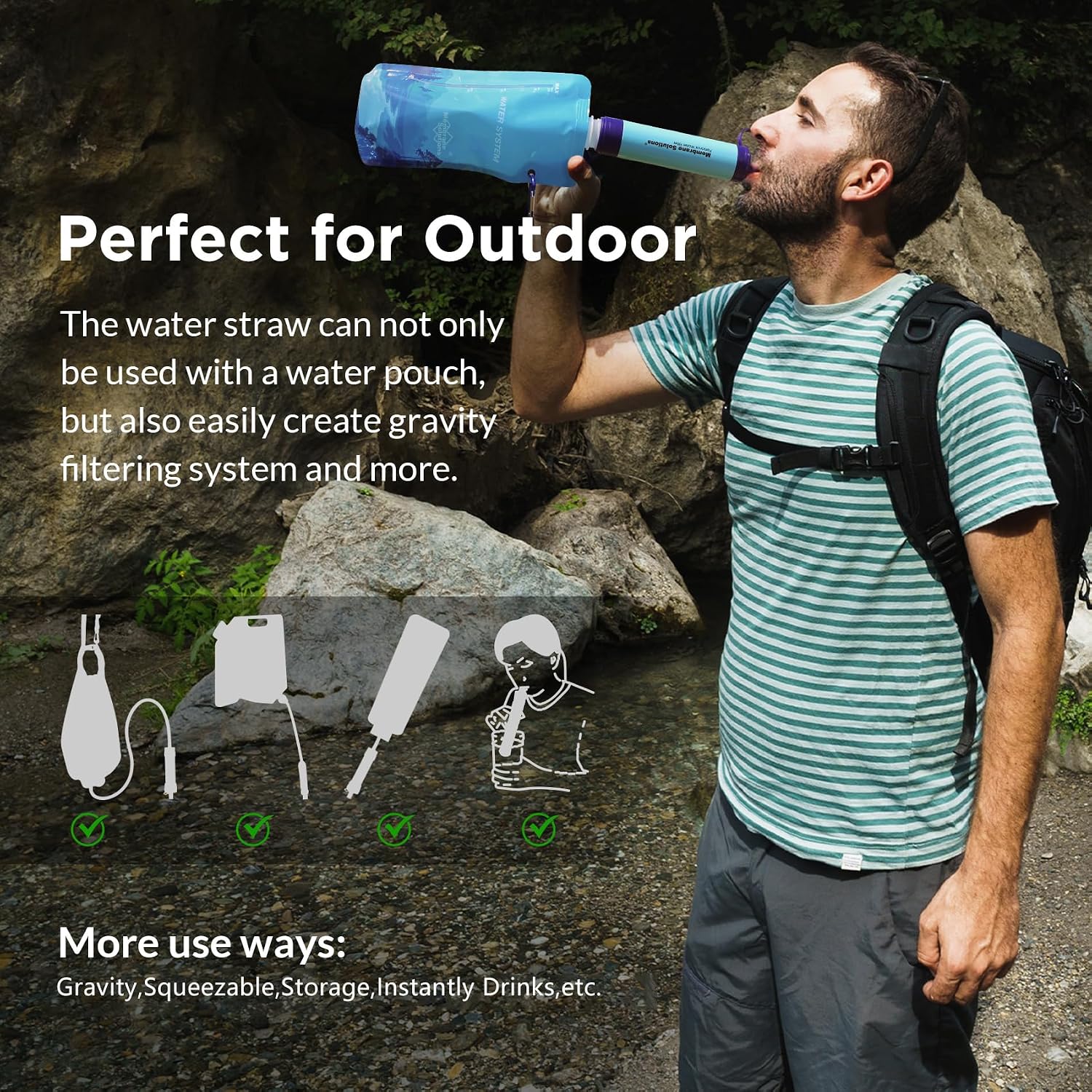 Squeezable Water Pouches with Water Filter Straw(1+2) | Survival Water Purifier Kit, Portable Water Purifier for