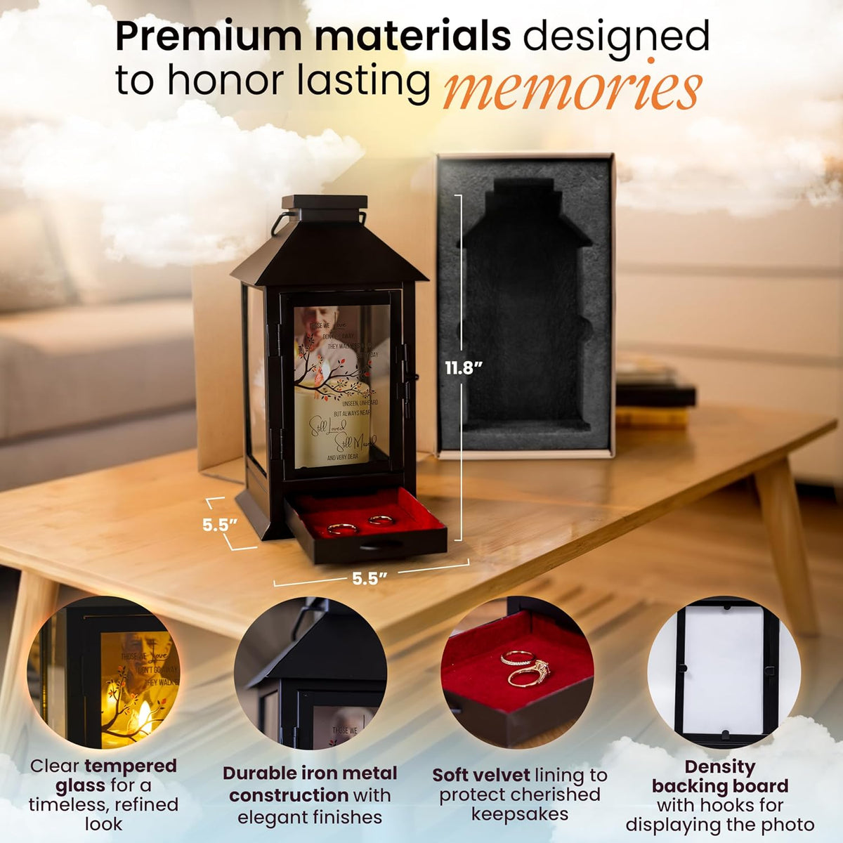 Memorial Lantern with Photo Frame & Keepsake Drawer | Ready-to-Gift Box