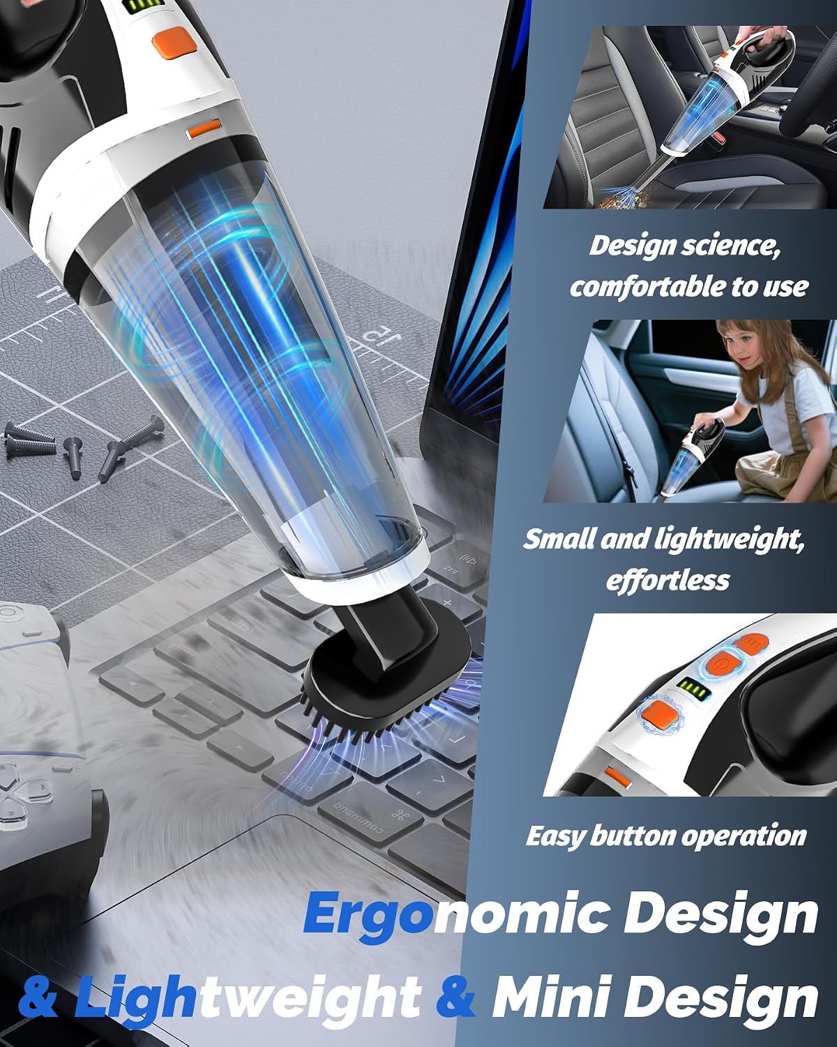 Handheld Vacuum Cordless, 2 Modes with Powerful Suction, LED Light | 4-in-1 Multiple Accessories, LED Light, Weigh