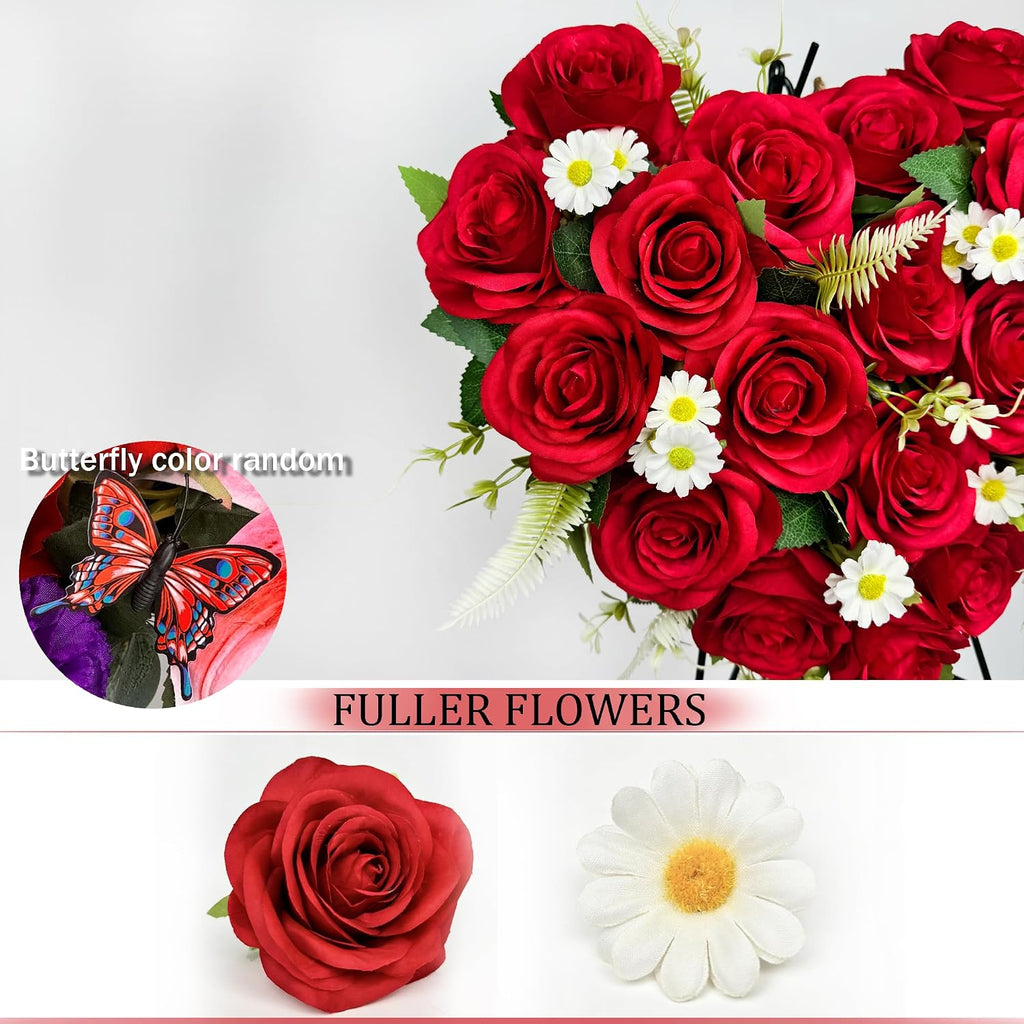 Artificial Cemetery Flowers, Grave Memorial Flowers with Ground Spike,Heart Shaped Wreaths Rose Daisy for Gravesites