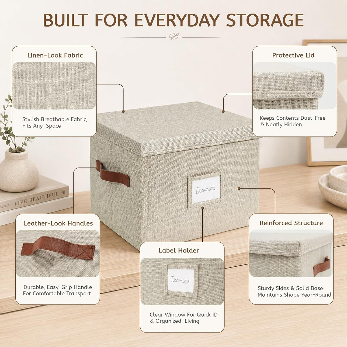 Collapsible File Storage Box with Lid - Beige
