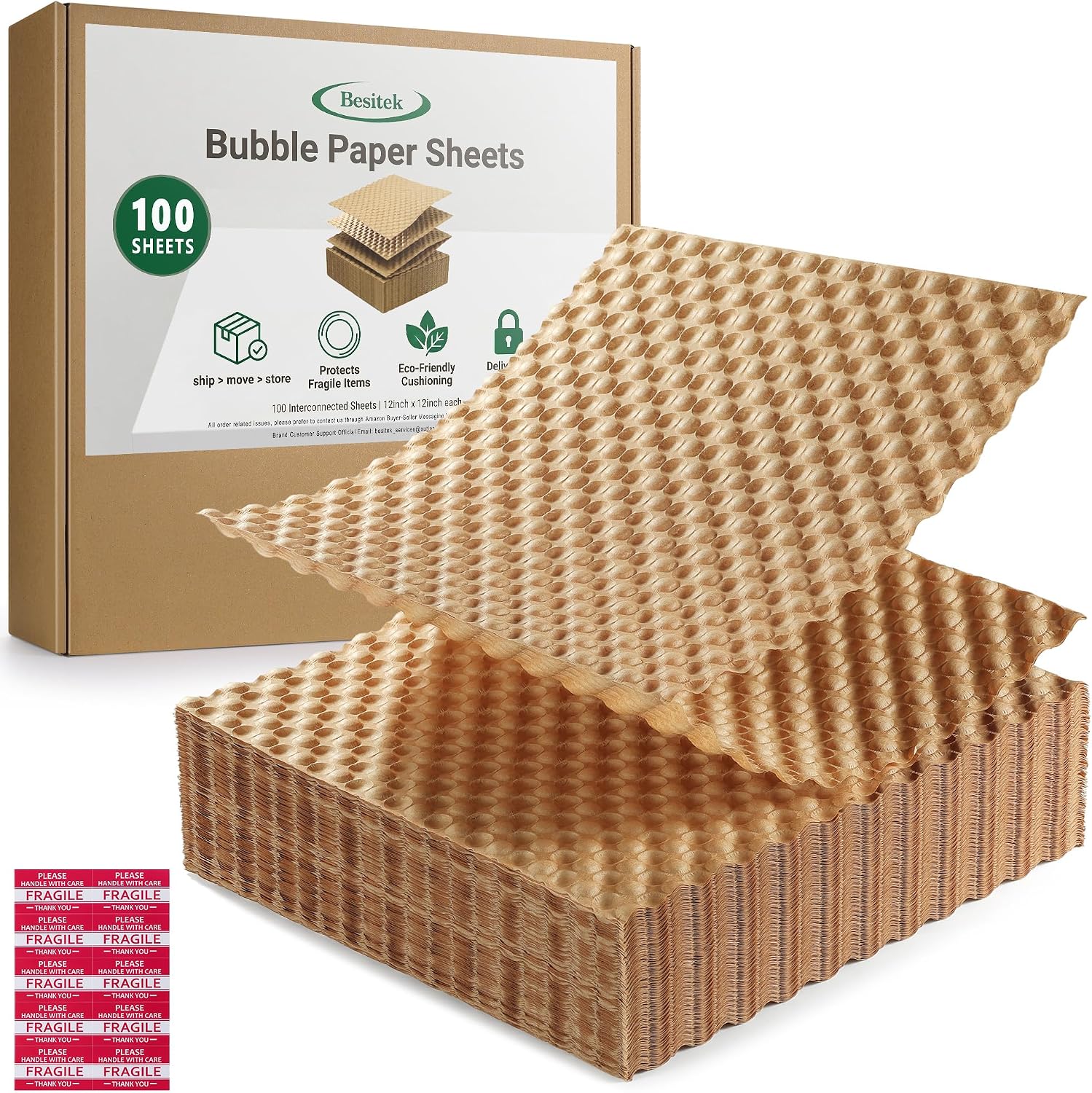 Bubble Paper Wrap Sheets for Packing, Moving, 12" x 12" 100 Sheets | Kraft Packing Paper Cushion Wrap,Recyclable