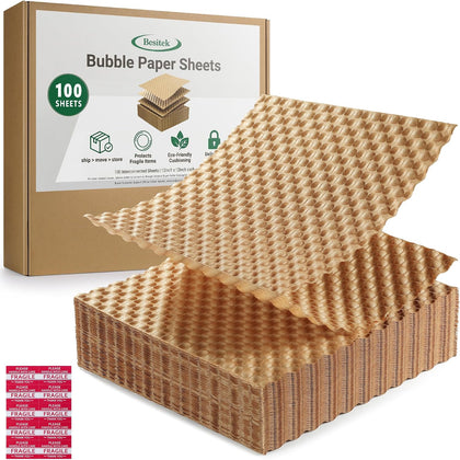Bubble Paper Wrap Sheets for Packing, Moving, 12" x 12" 100 Sheets | Kraft Packing Paper Cushion Wrap,Recyclable