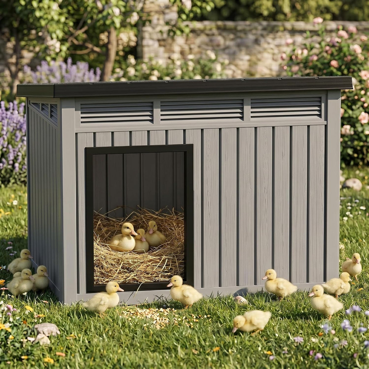 Chicken Coop with Hydraulic Air Rod, Resin Duck Coop with Elevated Floor and Air Vents, Duck House, Backyard Poultry