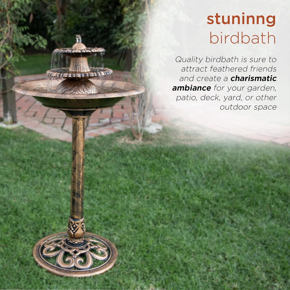 TEC106-BZ 35” Tall 3-Tier Pedestal Water Fountain with Birdbath in Vintage – Outdoor Garden Fountain for Yard, Patio
