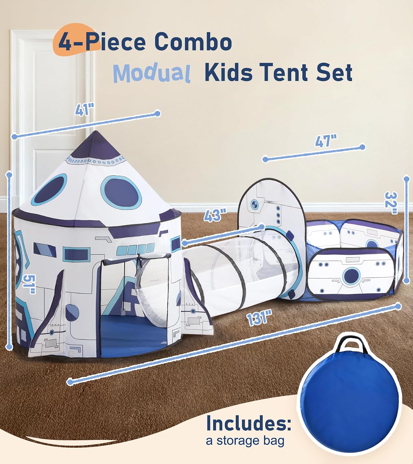 Kids Play Tent with Tunnel & Ball Pit, 3-Piece Pop Up Rocket Ship Tent Set, Indoor Outdoor Playhouse for Boys &