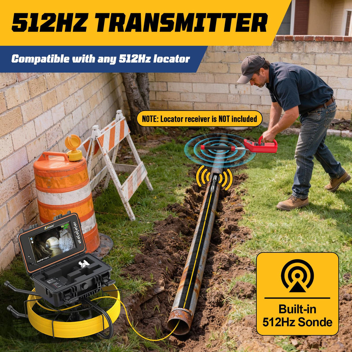 Anysun Self-Leveling Sewer Camera with 512Hz Transmitter, Distance Counter