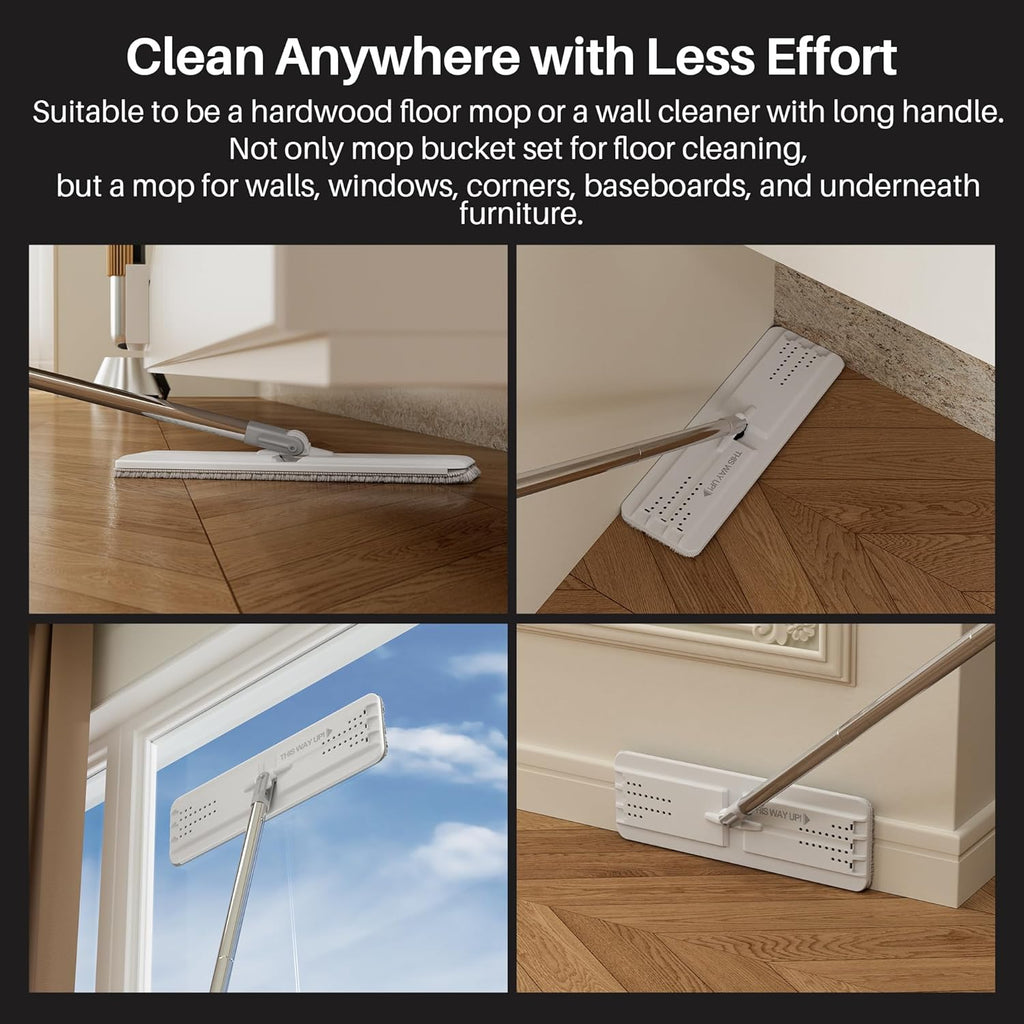 Flat Mop System, Microfiber Mop and Bucket Set, White, Commercial & Household Use, Hardwood Floor & Wall Cleaning Mop