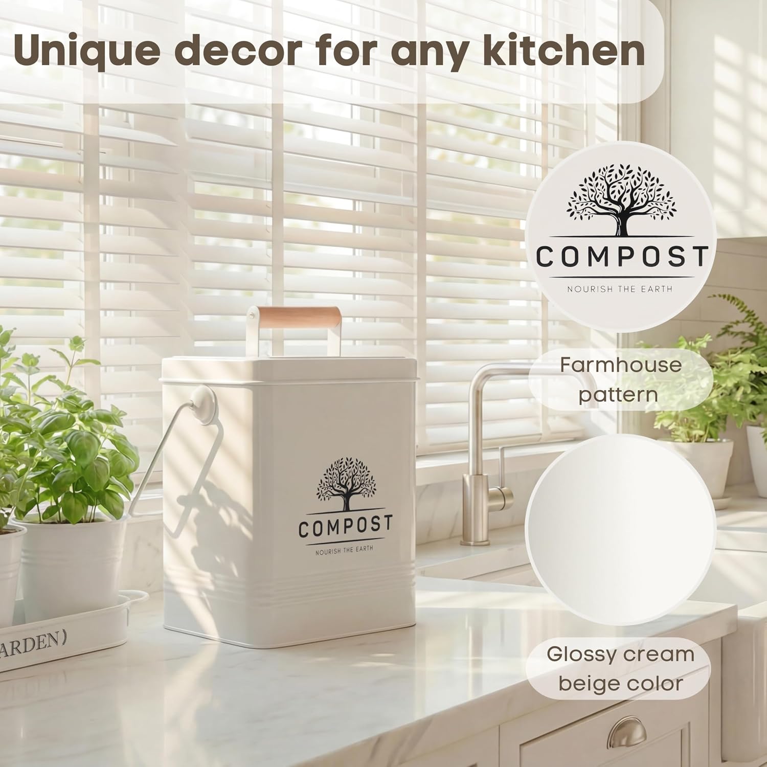 Kitchen Compost Bin, 1.7 Gallon Countertop Compost Bin with Lid, Indoor Compost Bin Includes 2 Carbon Filters, Small