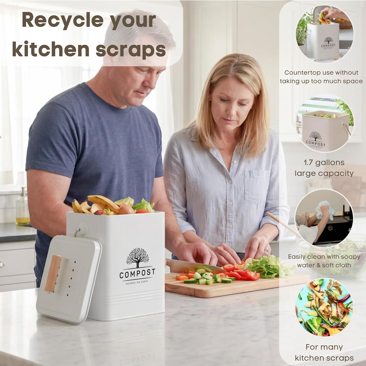 Kitchen Compost Bin, 1.7 Gallon Countertop Compost Bin with Lid, Indoor Compost Bin Includes 2 Carbon Filters, Small