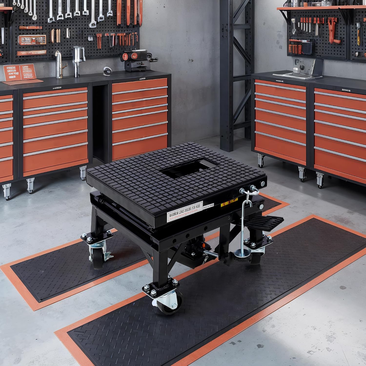 Hydraulic Motorcycle Lift Table, 300 lbs Capacity Motorcycle Scissor Jack Lift with Non-Slip Wide Deck J-Hooks 4