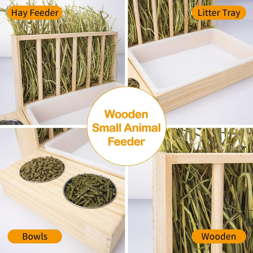 3 in 1 Rabbit Hay Feeder with Litter Box,Wooden Hay Feeder with 2 Bowls & Litter Box for Guinea Pig Chinchilla Bunny
