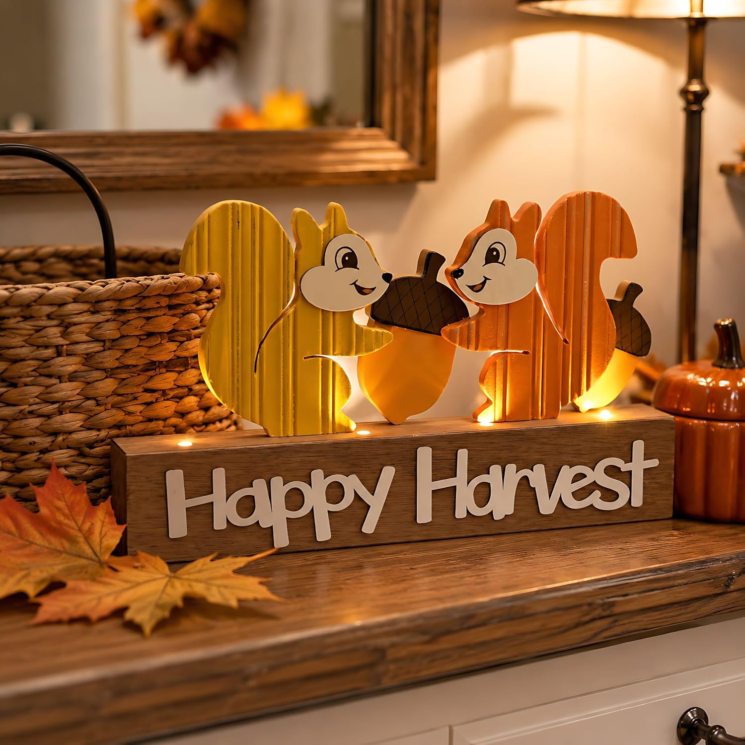 Fall Decorations for Home with LED Lights, Lighted Fall Decor Featuring Squirrel, Acorns and Oak Leaves, Autumn