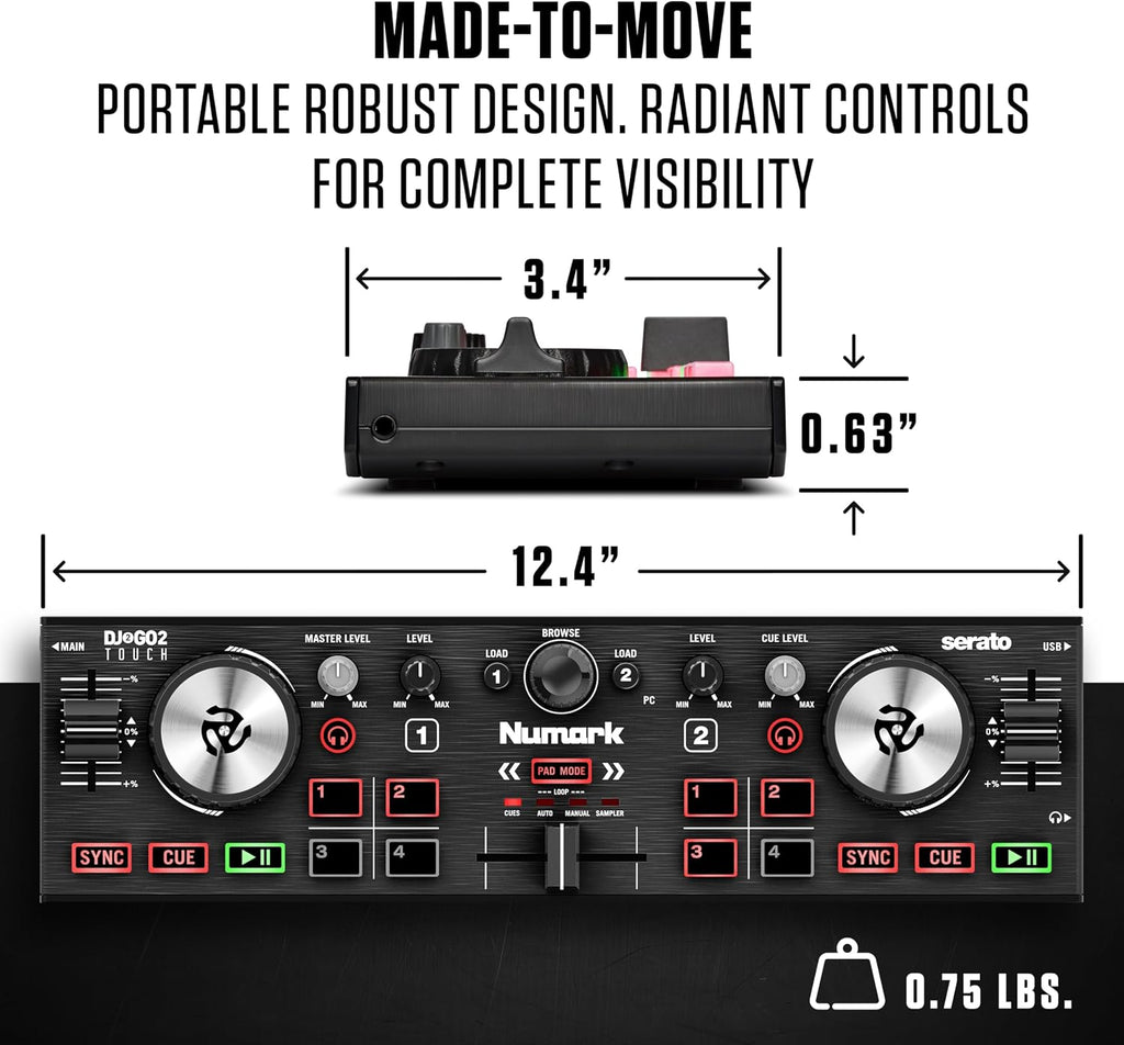 DJ2GO2 Touch Compact DJ Controller | Portable, 2-Deck, DJ Mixer, Touch-Capacitive Wheels, Integrated Audio Interface