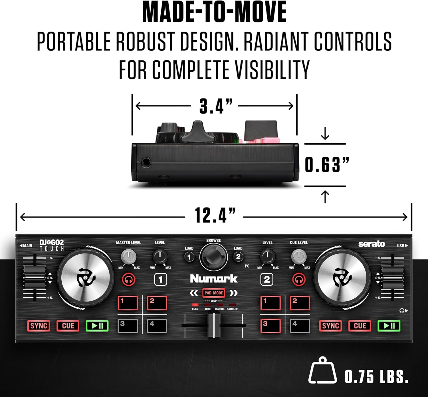 DJ2GO2 Touch Compact DJ Controller | Portable, 2-Deck, DJ Mixer, Touch-Capacitive Wheels, Integrated Audio Interface