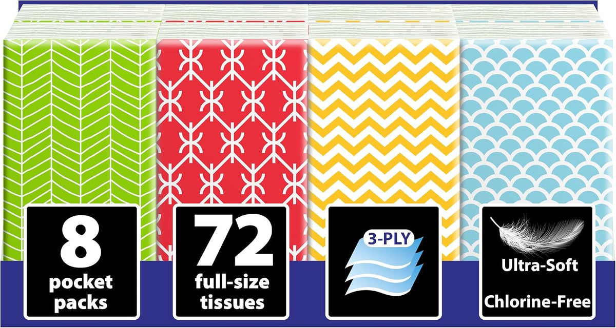 Travel Tissues, 8-Pack, 72 Soft 3-Ply Sheets, Geometric Design