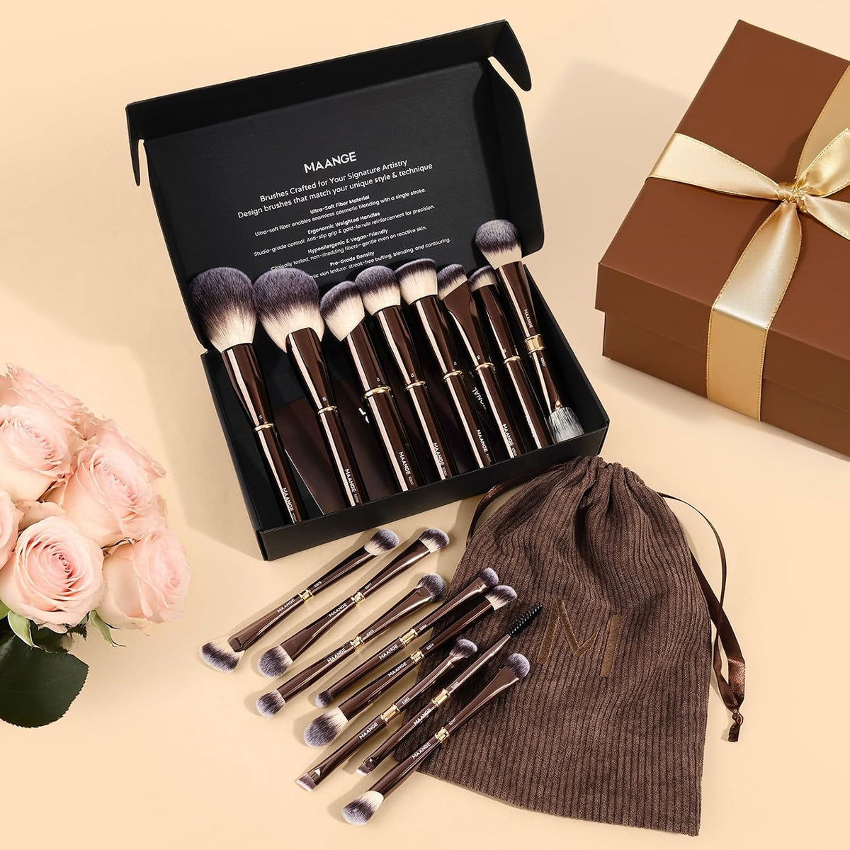 Makeup Brushes 16Pcs Professional Foundation Powder Blush Contour Eyeshadows Double-End Makeup Brushes Set with Bag
