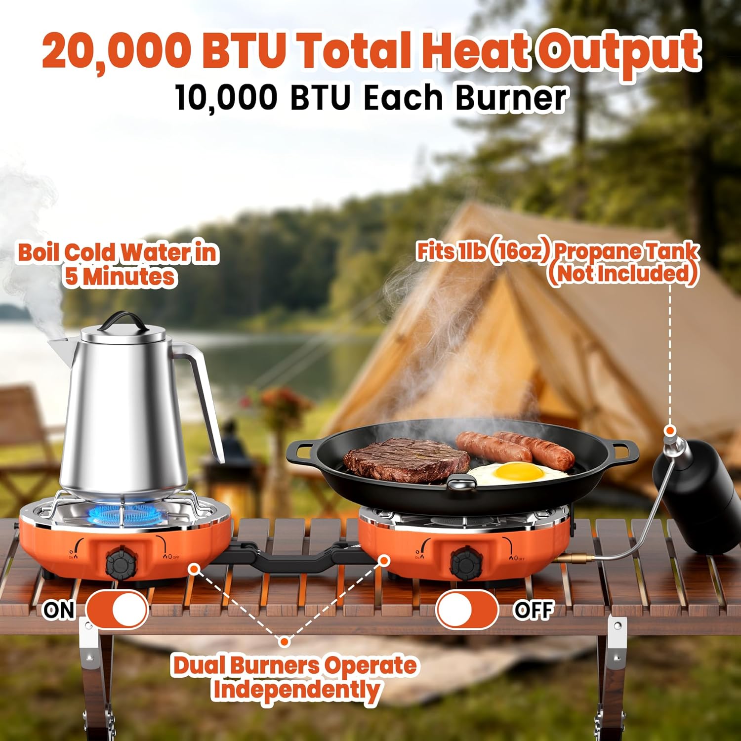 20,000 BTUs 2 Burner Propane Camping Stove, Portable Folding Camp Stove with Adjustable Burners, Regulator and