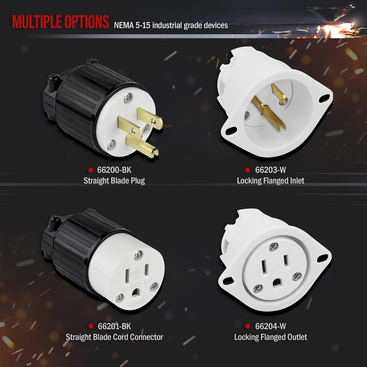 NEMA 5-15R Straight Blade Connector, Female Plug Replacement Cord Outlet, 15 Amp, 125 Volt, 2 Pole, 3 Wire Grounding