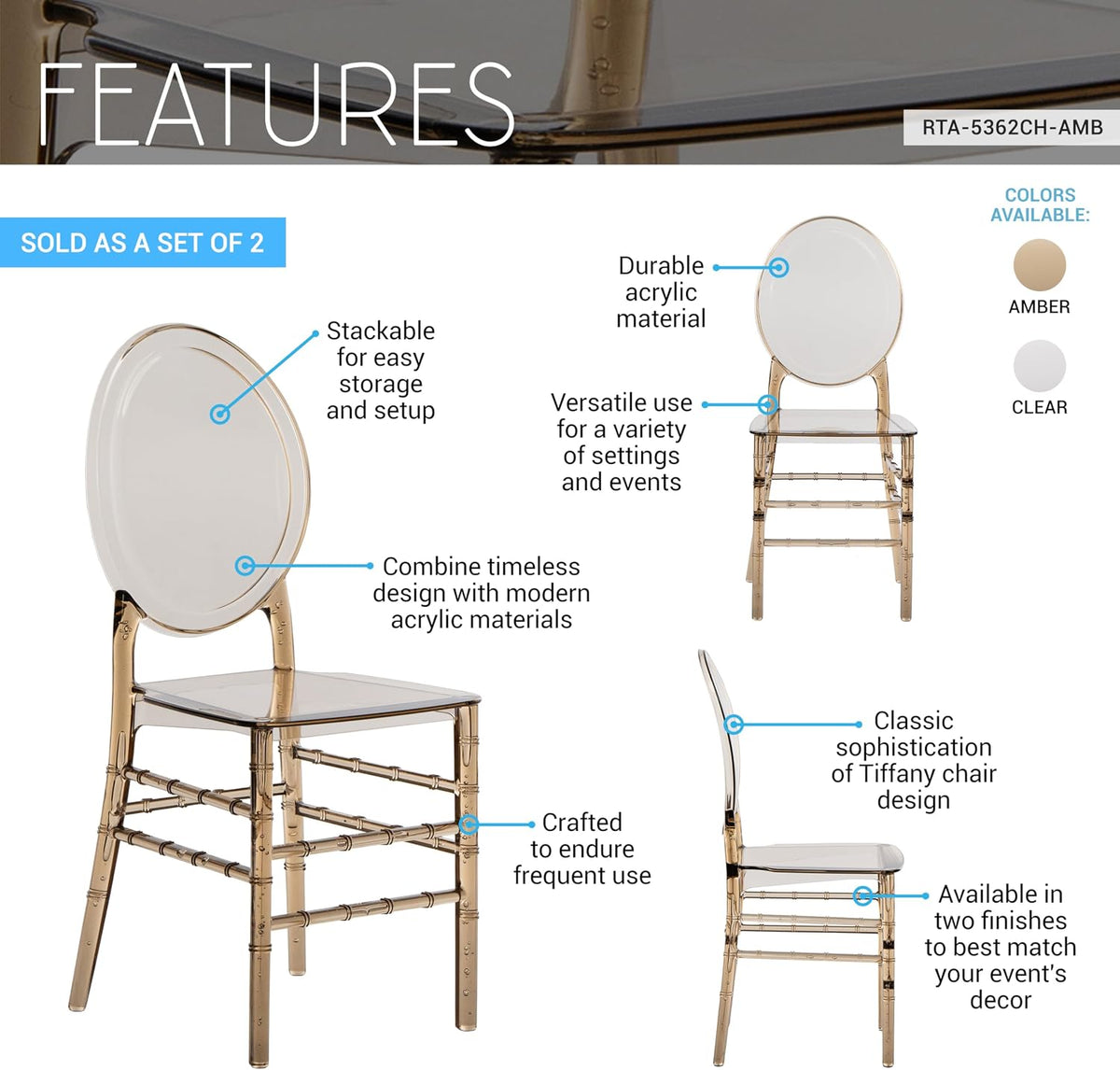 Chiavari Ghost Chairs, Stackable Acrylic,Modern,Set of 2, Amber