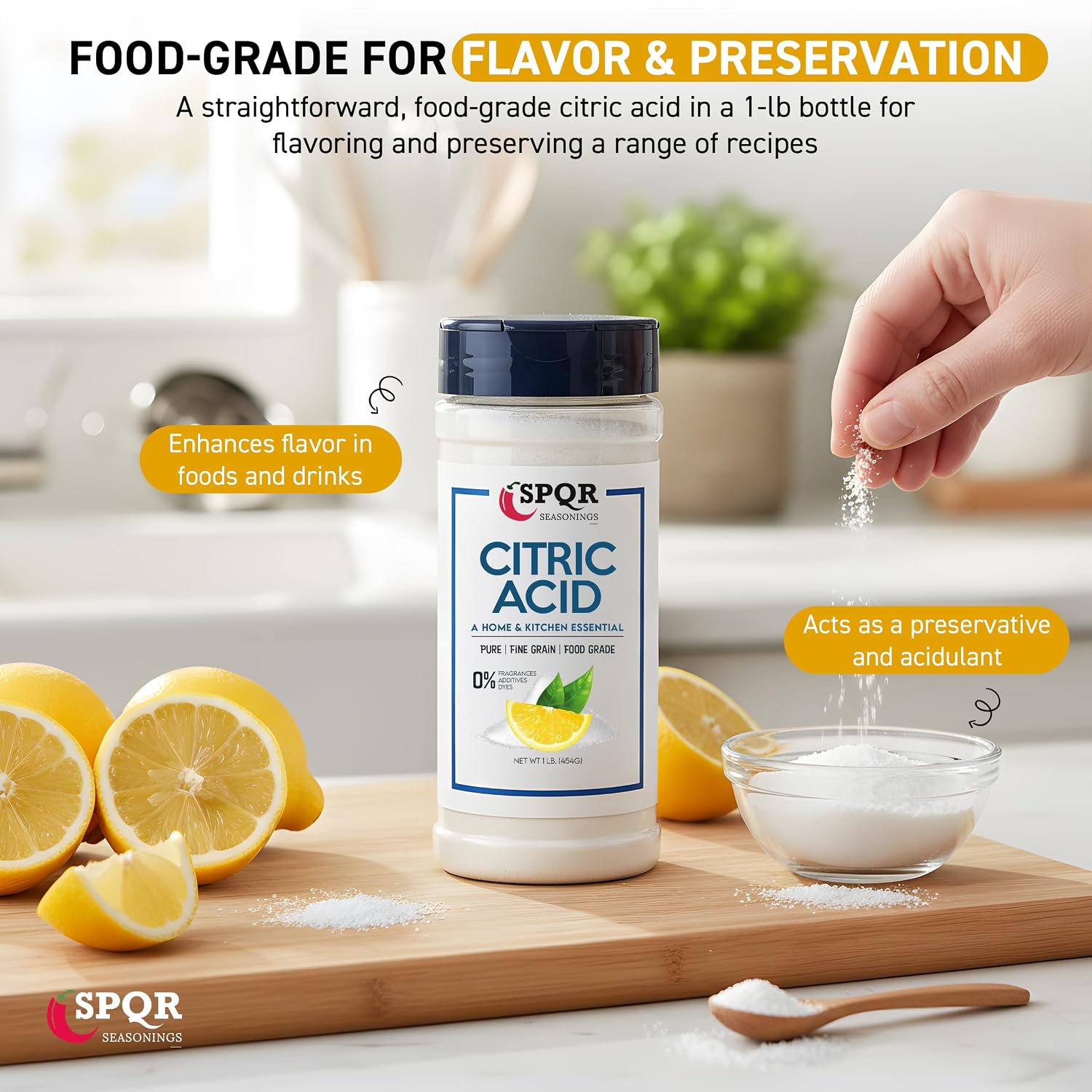 Citric Acid 1 Pound Bottle Food Grade Flavor Enhancer, Household Cleaner & Natural Preservative for Cooking, Baking