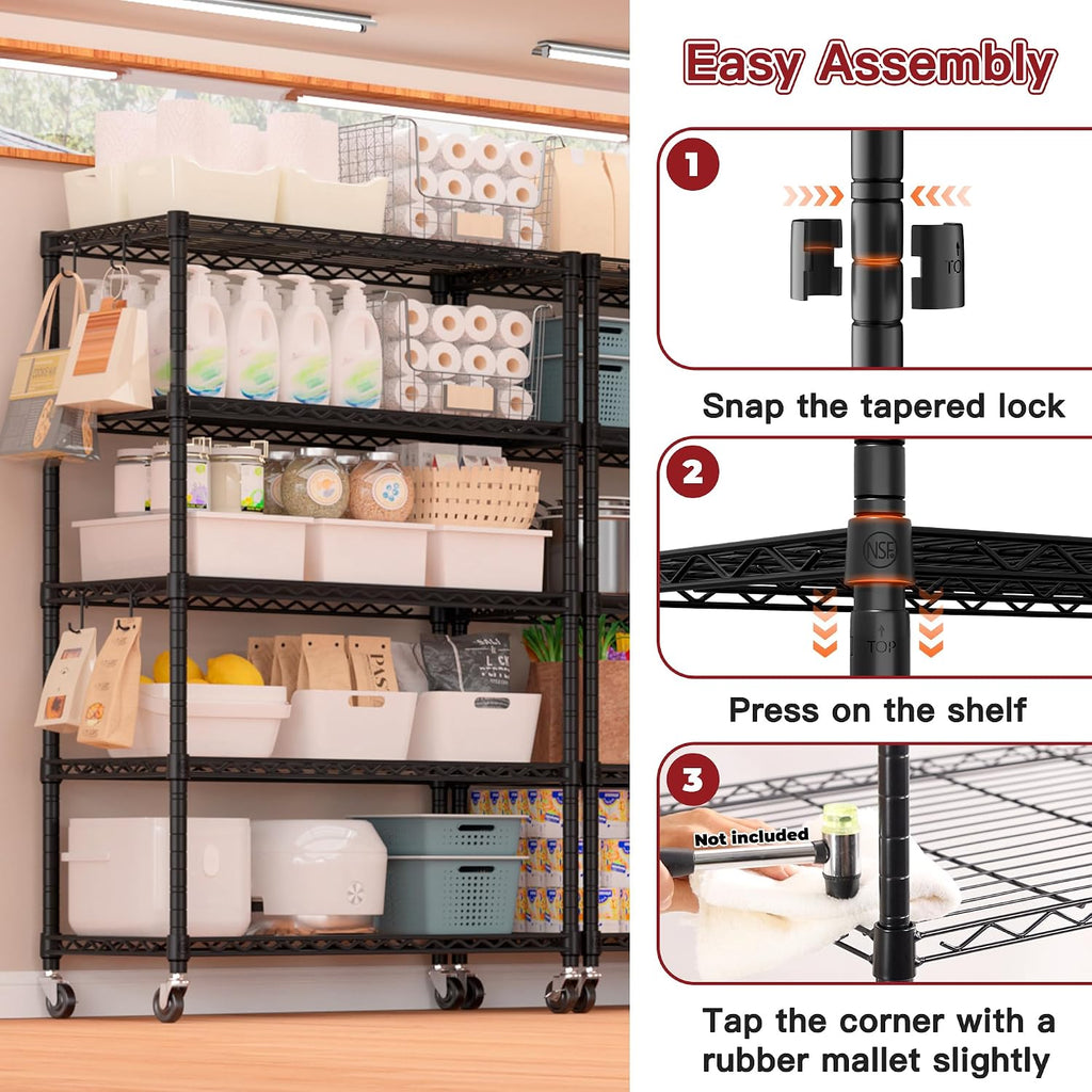 74" H Wire Shelving 1250lbs 5 Tier Storage Shelves with Wheels
