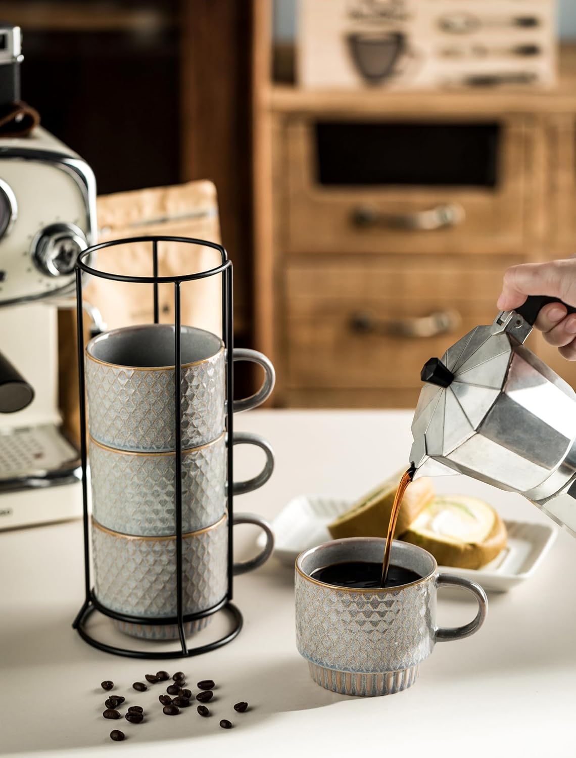 Stackable Coffee Mugs Set of 4 Coffee Cups with Stand, Light Gray