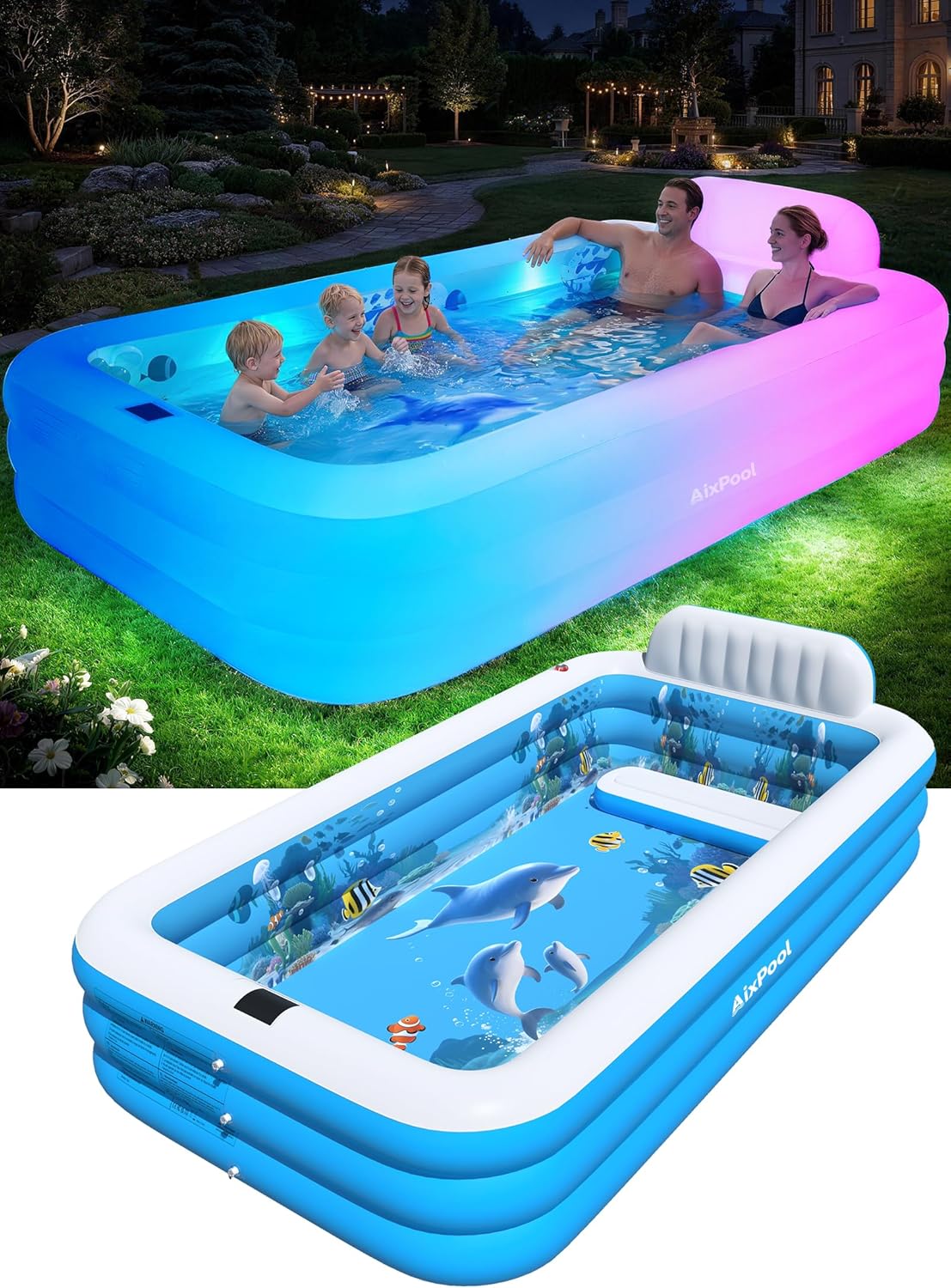 Extra Large Inflatable Pool with Lights,Upgraded Solar Powered Blow Up Pool for Adults,Inflatable Kids Swimming Pool