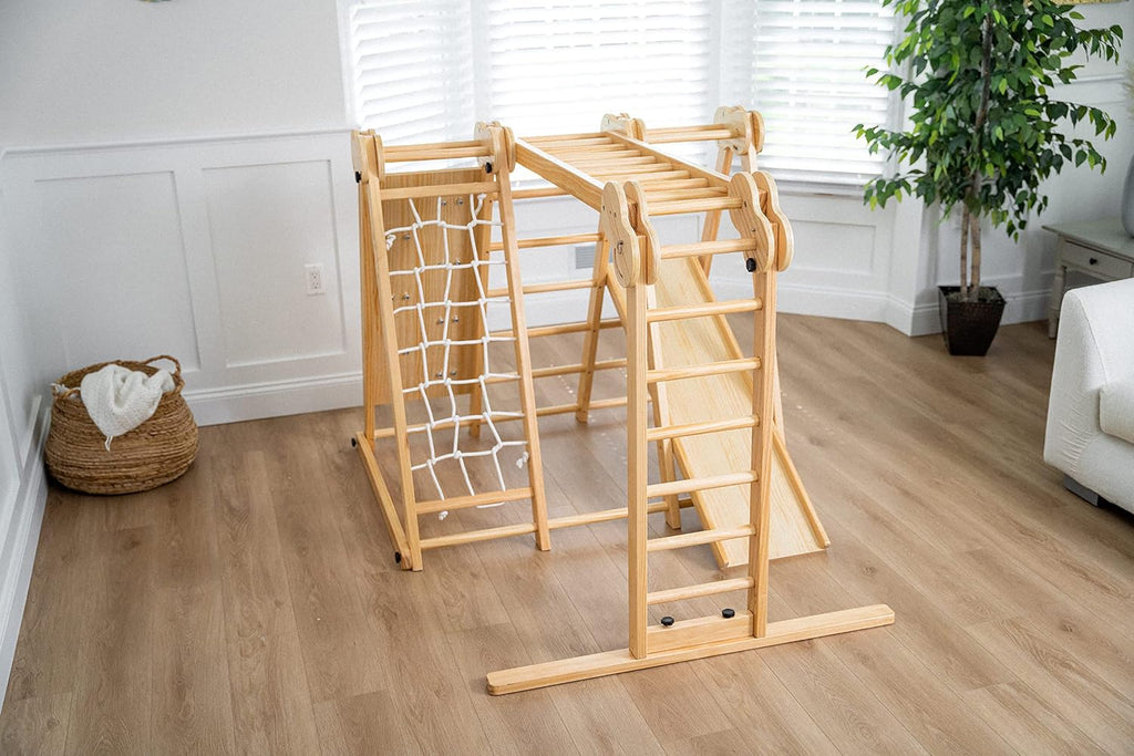 7-in-1 Indoor Playset for Kids 2-6 with Slide, Climbing Wall, Ladder, Net, Bars, Swing, Ring - USA