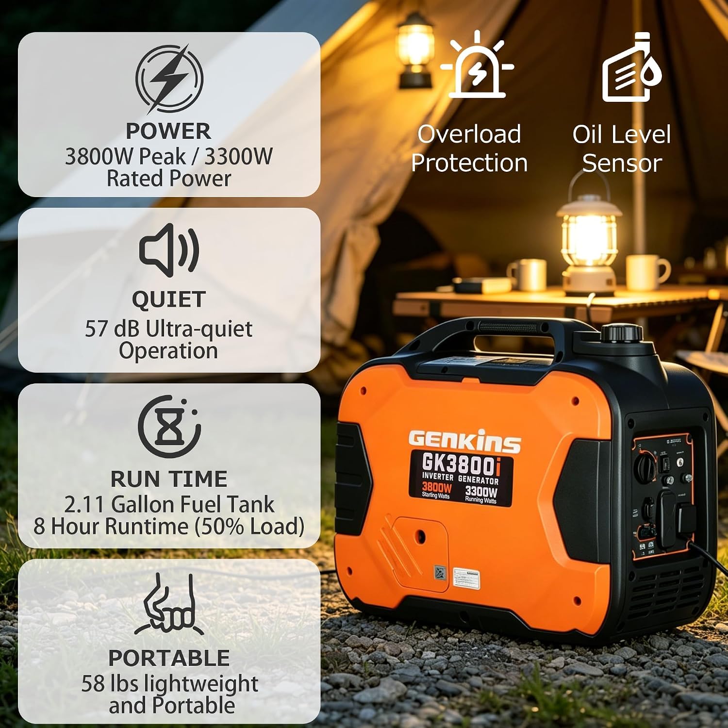 3800W Low Noise Gas Inverter Generator, Pull Start, Fuel Saving Portable Generator for RV, Camping and Outdoor Use