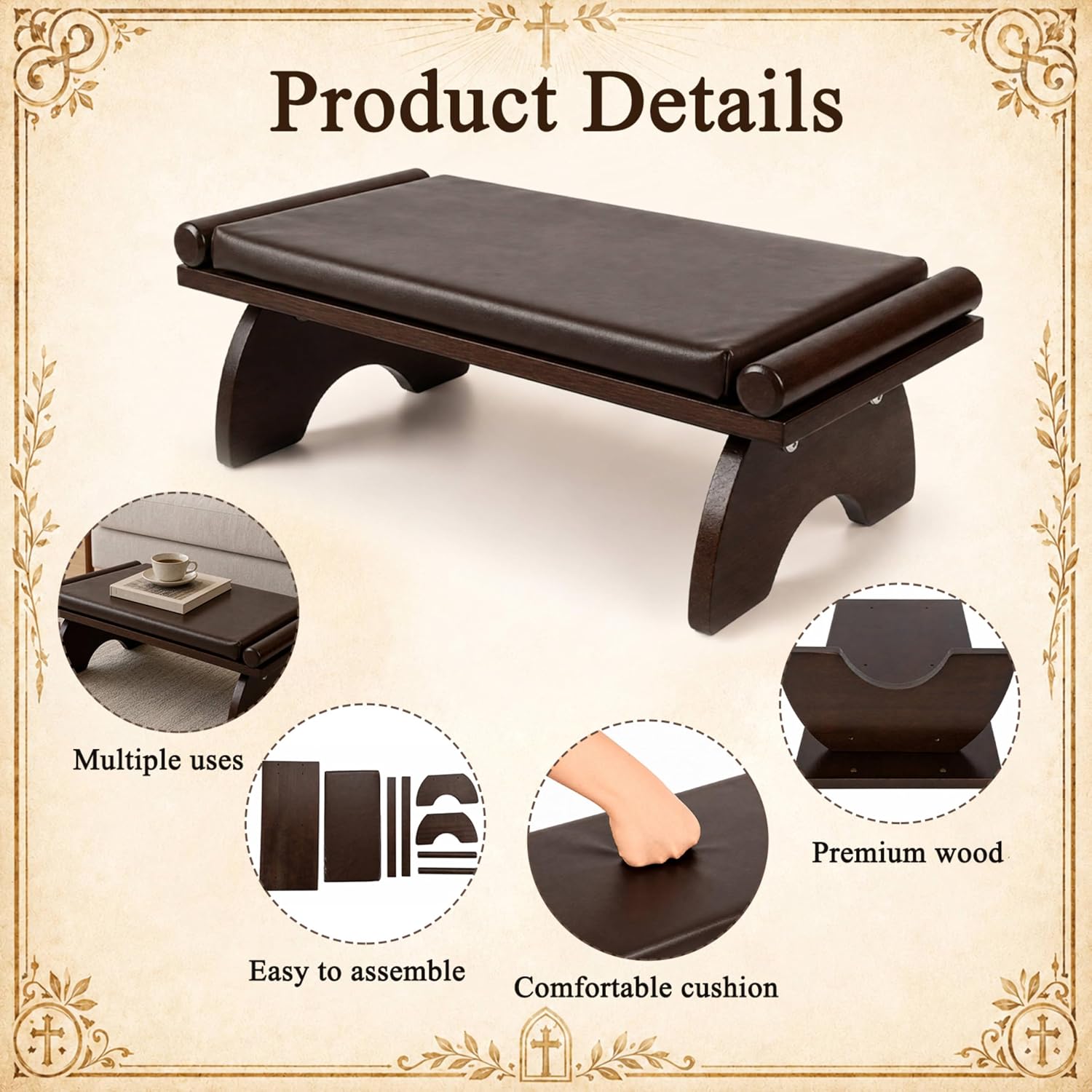 Wooden Prayer Kneeler Bench, Padded Stool for Home and Church