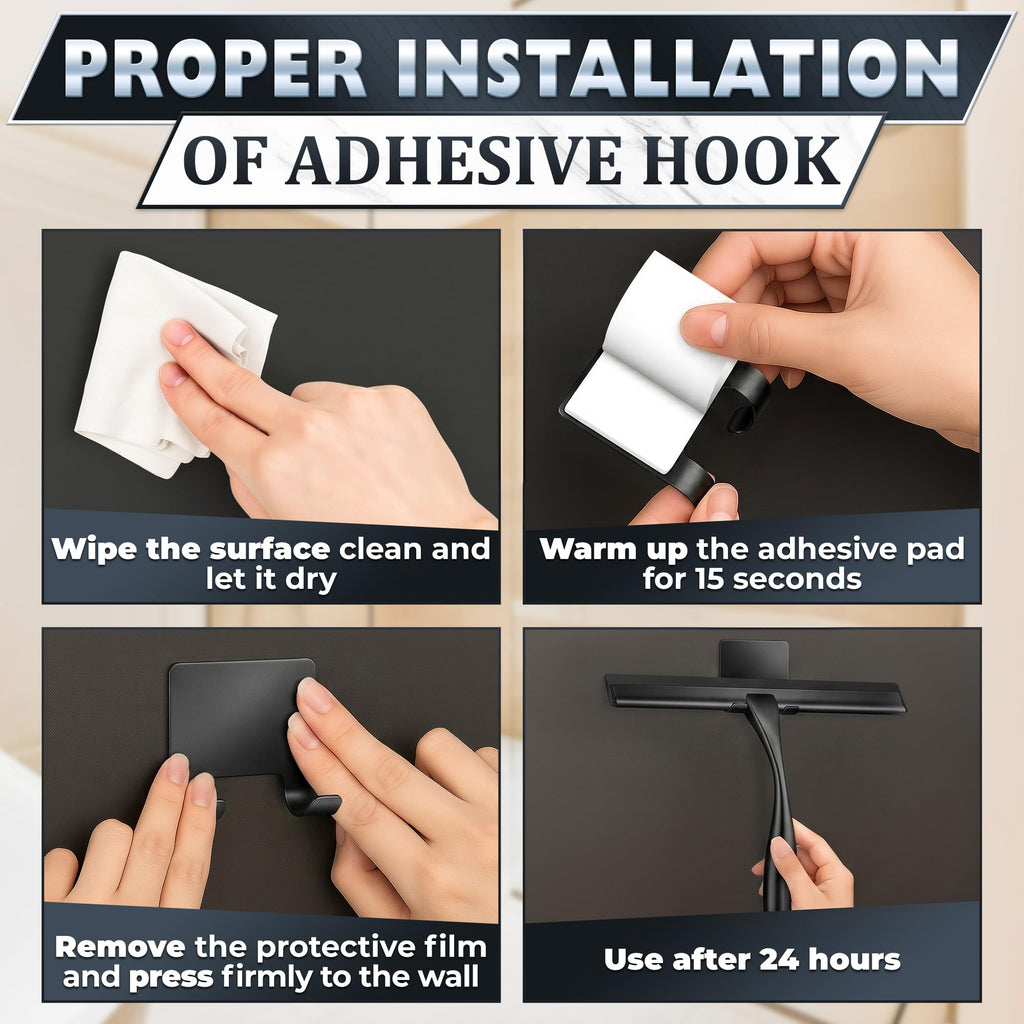 10" Shower Squeegee for Glass Doors & Windows with 2 Hooks, Black